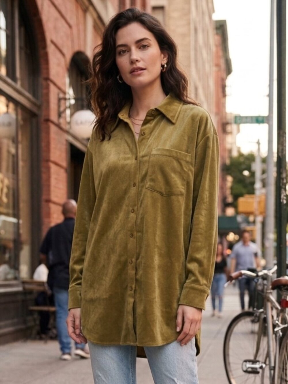Fashion Nova Women's Olive Fine-Wale Corduroy Shirt, Size XS, Long Sleeve